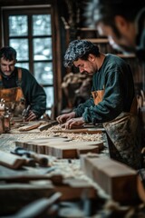 Poster - Group of skilled woodworkers at work in a well-equipped workshop, ideal for use in illustrations about craftsmanship and DIY projects
