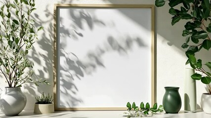 Wall Mural - a framed picture sits on a white shelf with green plants and vases, all illuminated by sunlight cast