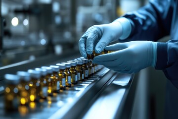Aufkleber - A person in a blue jacket and white gloves places bottles on a conveyor belt