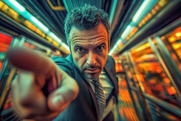 Poster - A suited businessman points at the camera with a serious expression