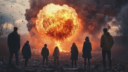 Aufkleber - People gathered near explosive incident scene with debris and smoke