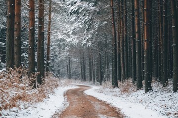 Wall Mural - Snowy forest landscape with a dirt road winding through