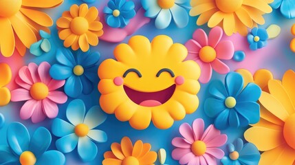 Poster - A bouquet of colorful flowers with a playful smiley face drawn among them