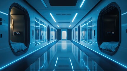 Aufkleber - A long hallway with mirrors and a bed, suitable for interior design or architecture projects