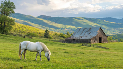 A white horse grazing peacefully in a green pasture, with a rustic barn and rolling hills in the background. 