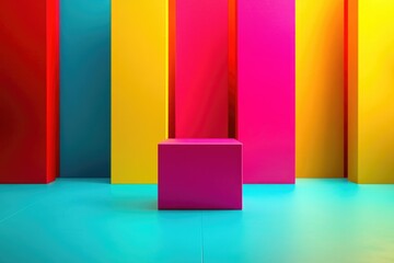 Poster - A brightly colored room featuring a cube in the center