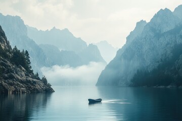 Canvas Print - A small boat floats on the surface of a calm body of water, ideal for peaceful scenes or relaxation