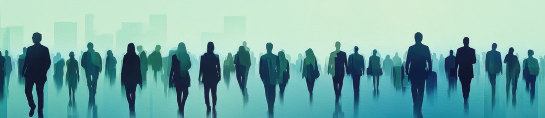 banner of many people silhouettes, light blue background, gradient colors from dark to light green and navy blue Generative AI