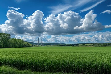 Poster - A power plant stands out against a lush green field, with rolling hills and nature in the background