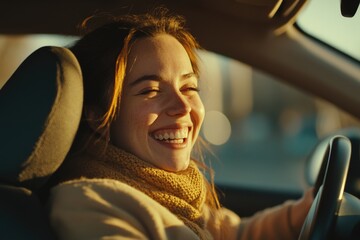 Poster - A happy woman is driving a car with a smile on her face