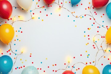 A close-up shot of vibrant balloons and twinkling lights on a plain white background