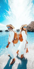 Poster - Two people wearing hats and backpacks walking on a beach. Scene is relaxed and carefree