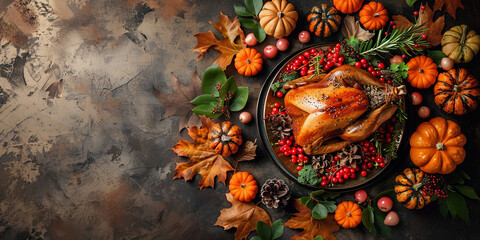 Wall Mural - thanksgiving background with pumpkin and fall ingredients
