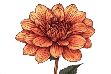 Aufkleber - A single orange flower with green leaves on a white background