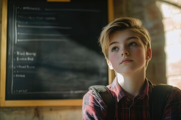 Canvas Print - A young boy sits at a chalkboard, ready to learn or create