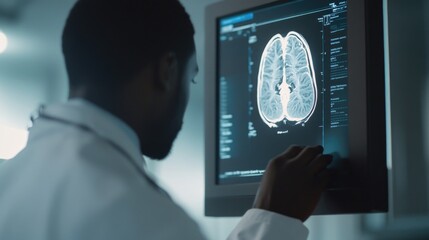 Poster - A person studying brain activity on a computer screen, suitable for medical or educational use