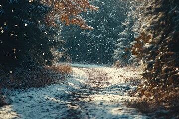 Poster - A serene winter scene with a snow-covered path amidst the trees