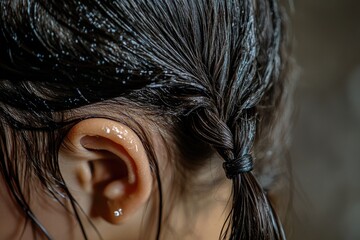 Poster - A close-up shot of a child's ear with water droplets on the outer rim