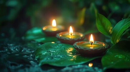 Wall Mural - Lit candles placed on a single leaf, possibly in a natural setting or used as decorations