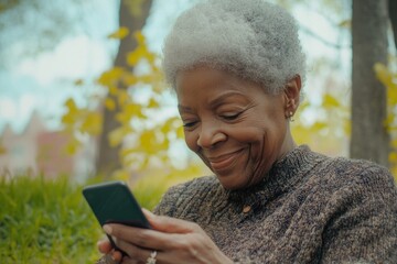 Poster - A woman smiling and looking at her cell phone