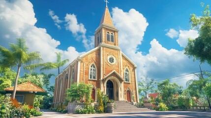 Poster - A beautiful church with a tall steeple, surrounded by sunshine and blue sky