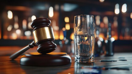 Poster - A judge's gavel placed next to a glass of water, symbolizing fairness and justice