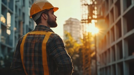 Poster - A person wearing a hard hat stands in front of a building, possibly a construction site or an industrial facility