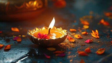 Poster - A lit candle placed on a table surrounded by flower petals, perfect for romantic dinner or special occasion