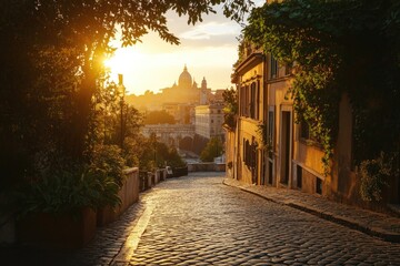 Poster - A classic European-style cobblestone street with a historic church in the background, suitable for travel or architecture images