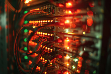 Poster - A computer server with many cables and lights