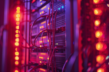 Poster - A computer server room with red lights and wires