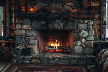 A fireplace with a stone mantle and a rug in front of it