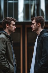 Wall Mural - Two friends standing together in front of a building, possibly waiting for someone or having a conversation