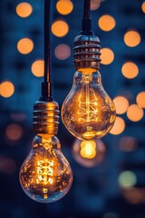 Poster - Close-up of two light bulbs suspended from a thin wire, with a neutral background