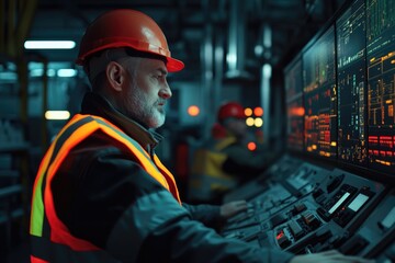 Poster - A construction worker in a hard hat is performing maintenance tasks on an industrial control panel