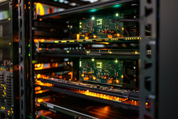 Poster - A row of computer servers with glowing lights on them