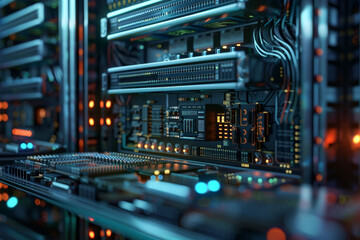 Poster - A computer server with many wires and lights
