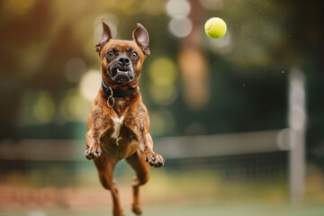 A brown dog is jumping in the air to catch a tennis ball