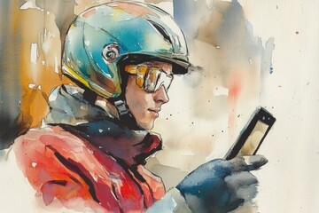 Poster - A person wearing a helmet and holding a cell phone, painted in watercolor style