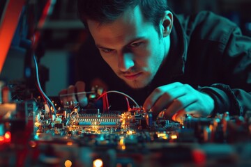 Canvas Print - A person working on a circuit board, electronic components and wires