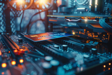 Poster - A computer motherboard with a credit card on it