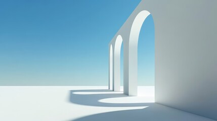 Minimalist 3D  of white arches against a clear blue sky, symbolizing simplicity,  openness,  tranquility,  modern architecture,  and  architectural design.