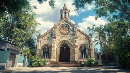 Poster - A church with a clock tower on its front facade, suitable for use in historic or cultural contexts