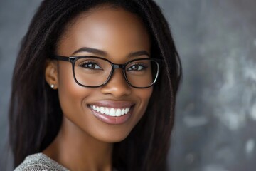 Poster - A happy woman wearing glasses and smiling directly at the camera