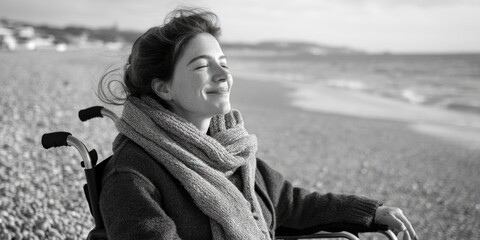 Sticker - A woman enjoying the sun and sea while seated in her wheelchair on a beach