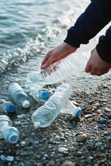 Poster - A person removing plastic bottles from the water,