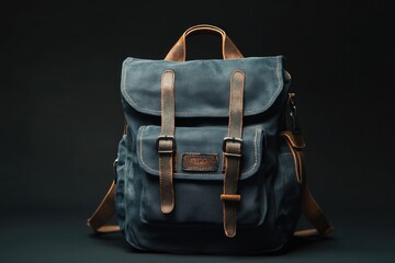 Poster - A blue backpack with brown straps sitting on a black background
