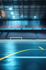 Poster - An indoor basketball court with a yellow line on the floor, ideal for sports and fitness imagery