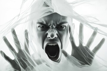 Poster - A person is caught off guard, hands raised, and shrouded by a white sheet