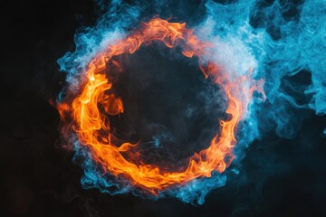 Aufkleber - A ring-shaped flame surrounded by thick smoke on a dark background, great for use in action or suspense scenes
